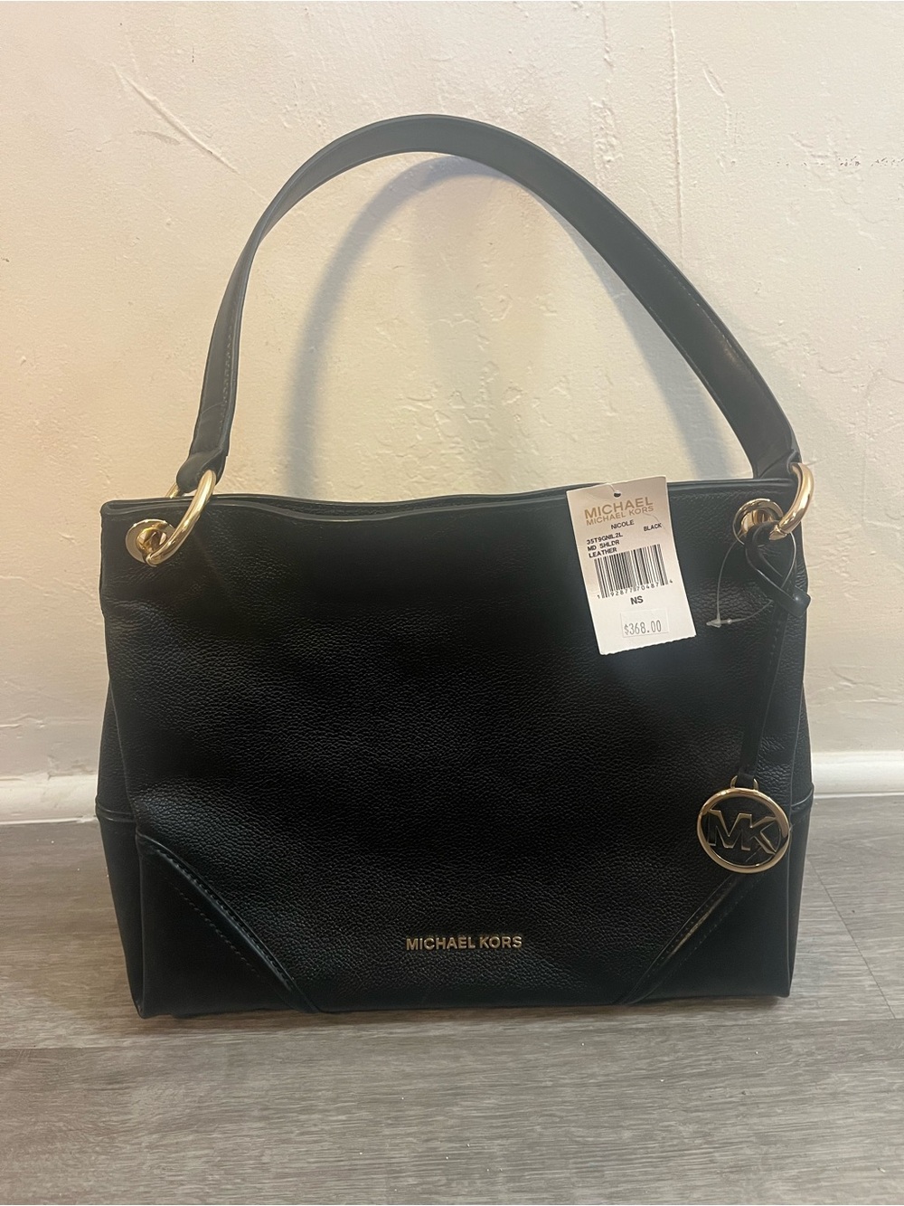 Michael Kors Black Leather Shoulder Tote with Gold Hardware